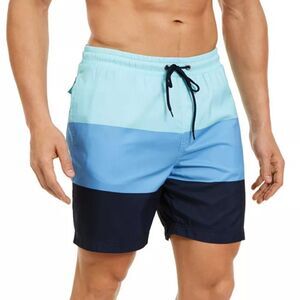 Club Room Men's Color Blocked 7" Blue Combo Swim Trunks, Created for Mac…